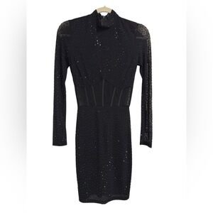 Windsor Black Stretchy Corset Bodycon Dress w/Rhinestones, sheer sleeves & mid